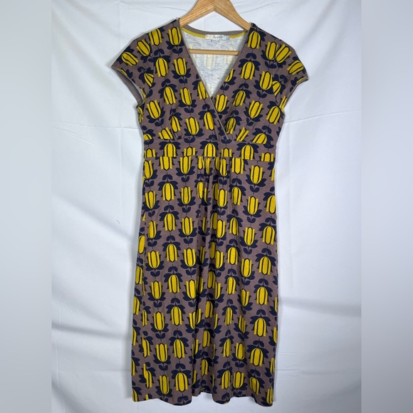 Boden Dresses & Skirts - Boden Women’s Midi Dress Brown Yellow Floral Tulip Print Short Sleeve V Neck 6